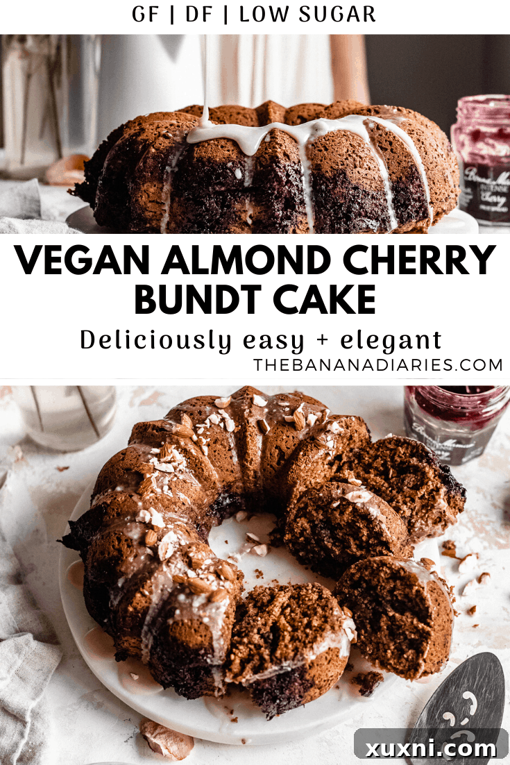 Pinterest image for the vegan almond cherry bundt cake, designed for sharing.