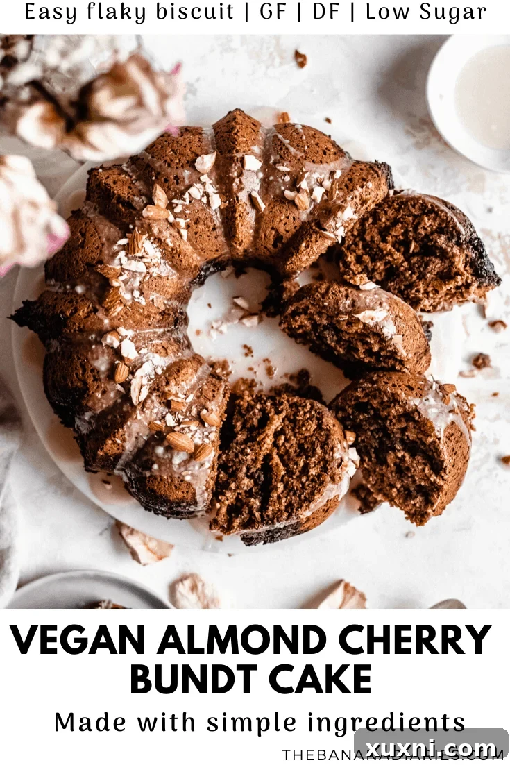 A second Pinterest image for the cherry bundt cake, highlighting its vegan and gluten-free attributes.
