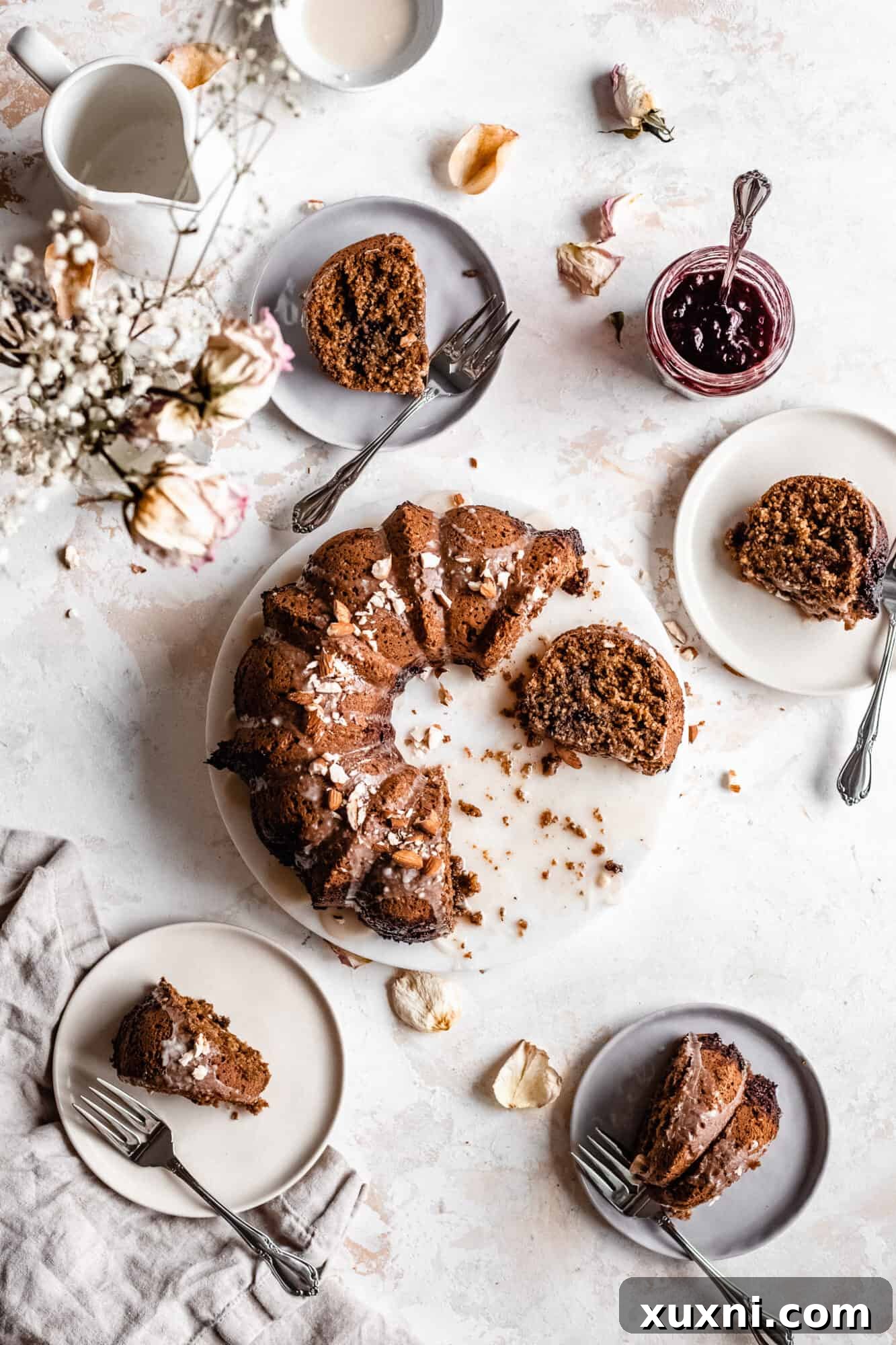 A vibrant spread of the vegan bundt cake, showcasing its beautiful presentation.