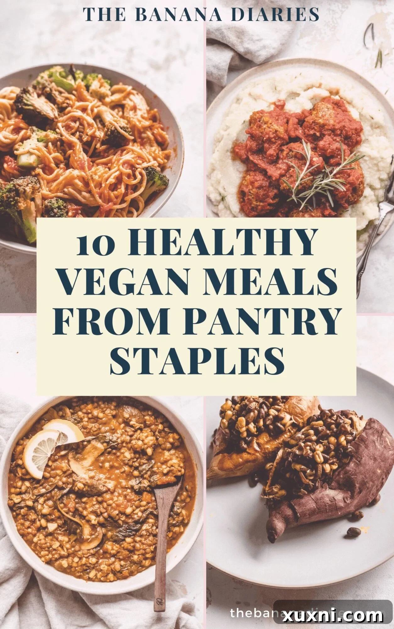 A beautiful collage of various easy vegan pantry meals, perfect for pinning to your recipe board on Pinterest and inspiring plant-based cooking.