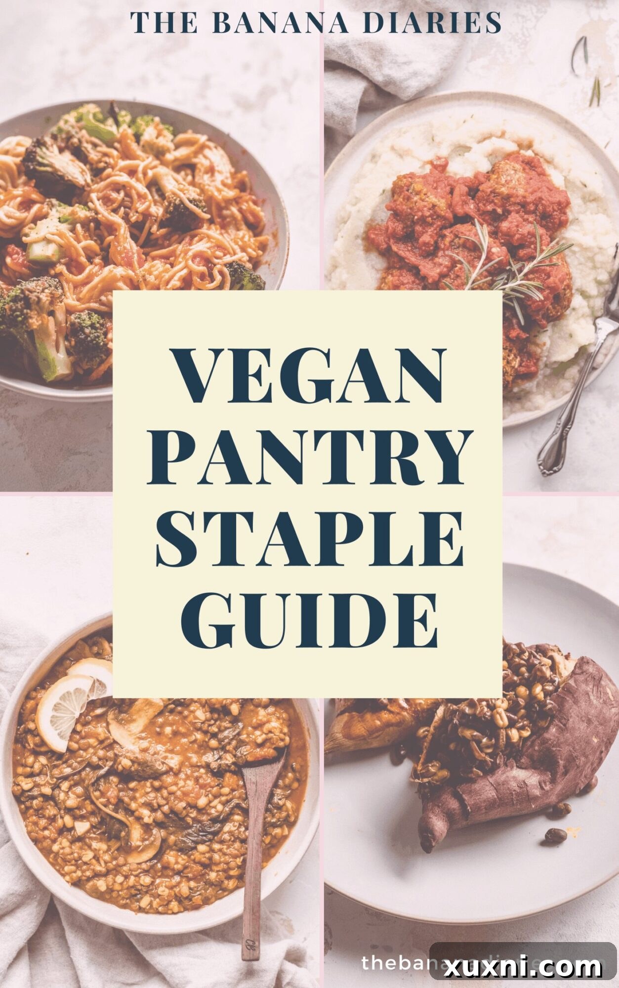 A comprehensive vegan pantry staple guide book cover, designed to help you stock your plant-based kitchen efficiently with easy vegan ingredients.