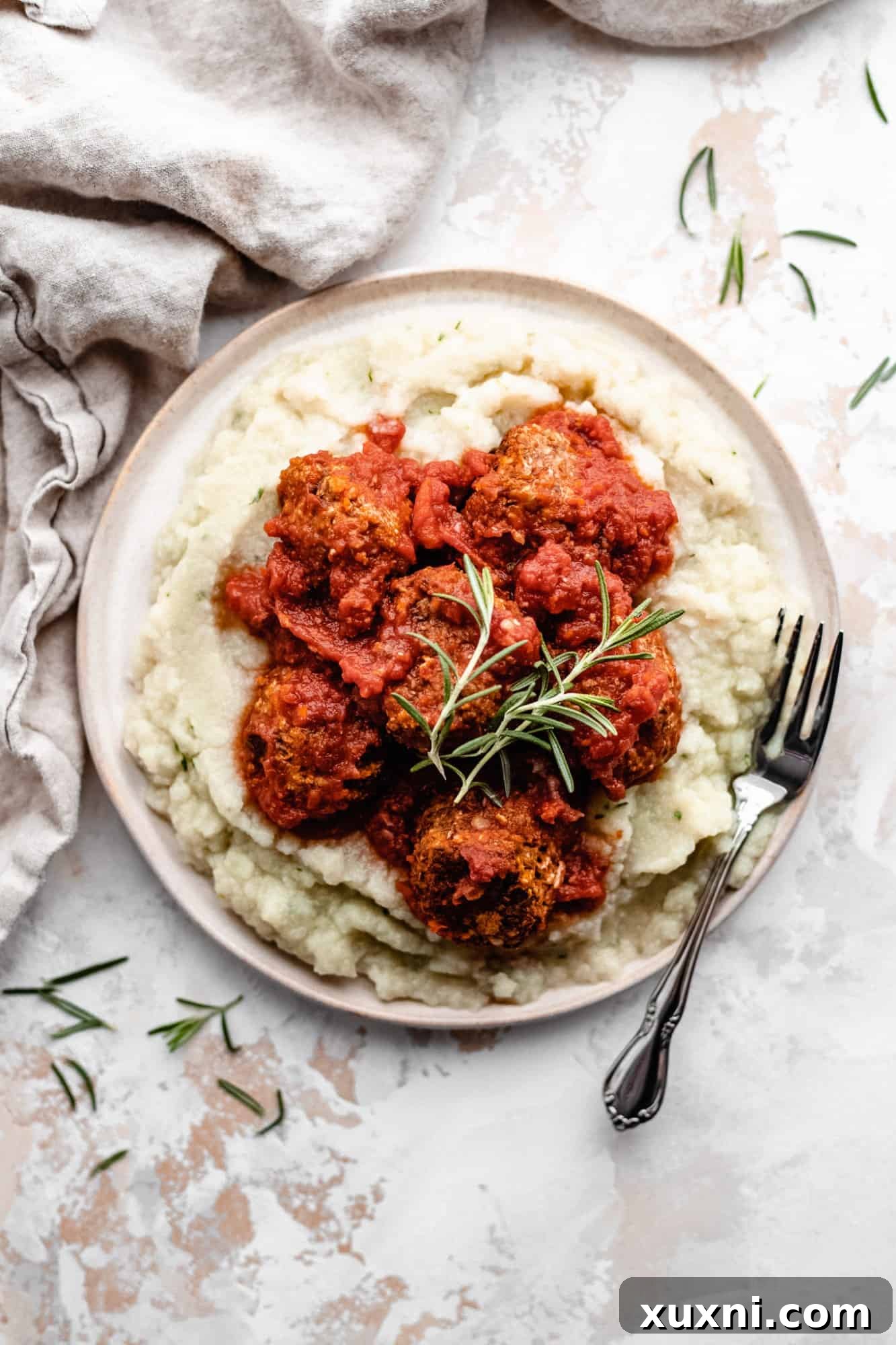 A bowl of delicious vegan lentil meatballs, perfect as a protein-rich pantry meal.