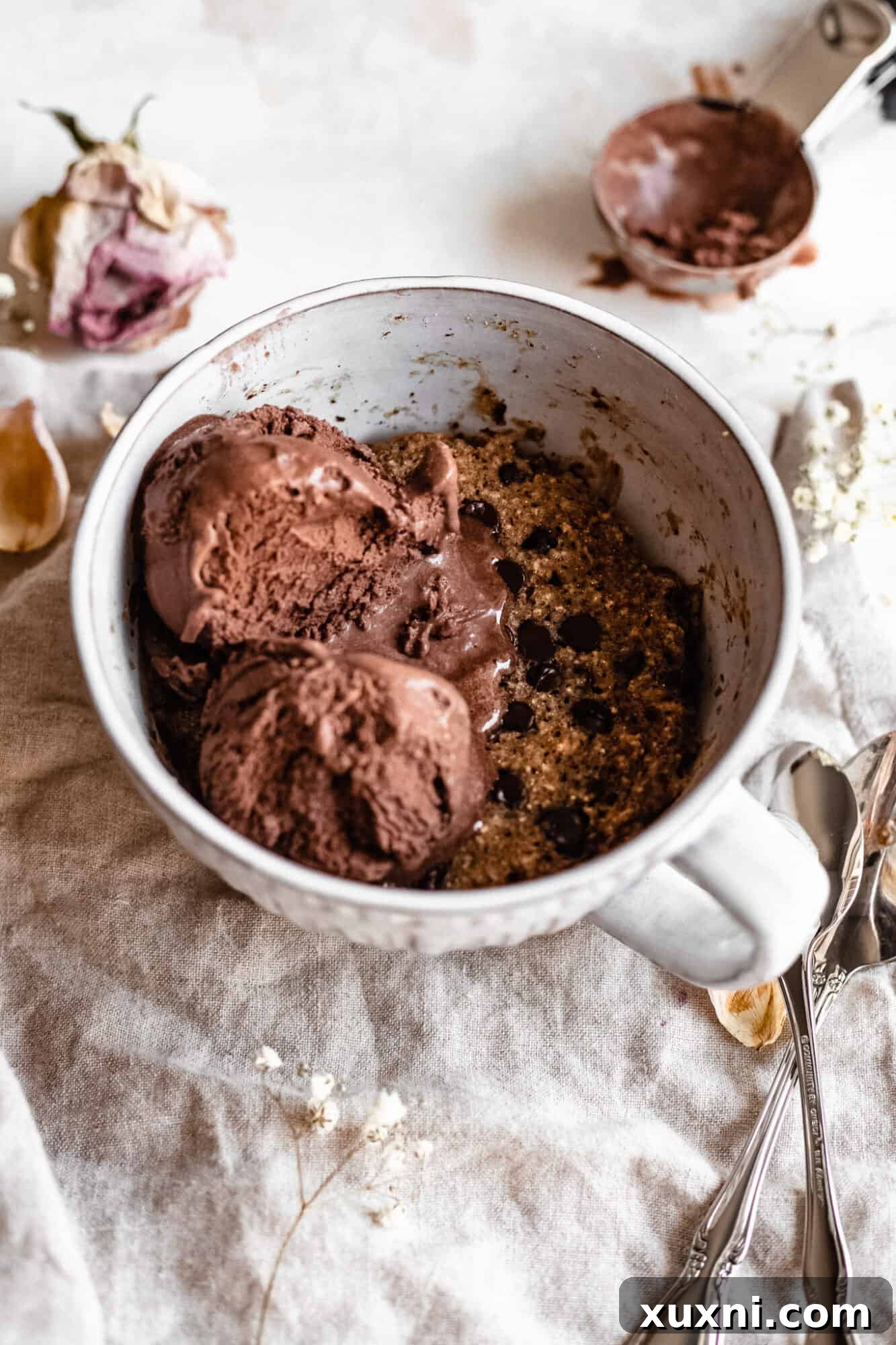 Vegan cookie mug cake served with a scoop of dairy-free ice cream, a perfect healthy dessert option