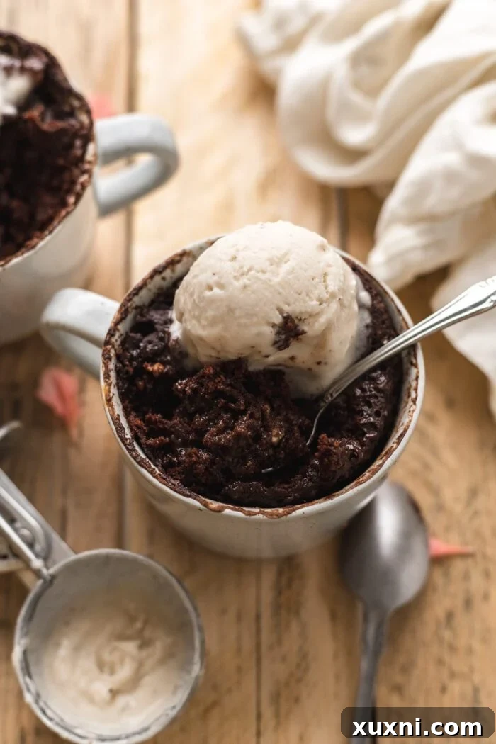 Magical Vegan Chocolate Mug Cake Gluten Free Oil Free Bliss 2 Decadent vegan chocolate mug cake with a spoon, ready to be enjoyed.