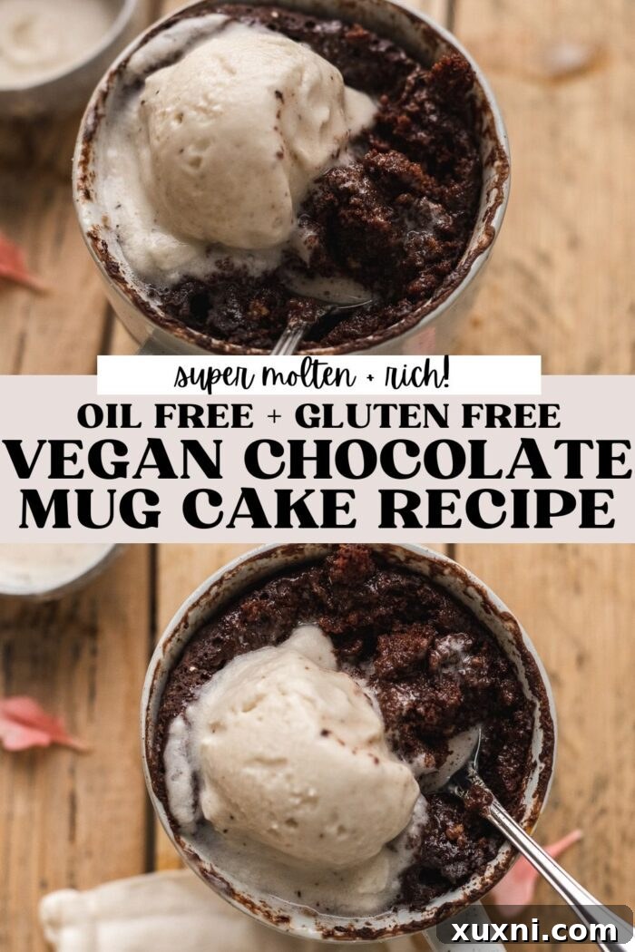 Magical Vegan Chocolate Mug Cake Gluten Free Oil Free Bliss 13 A beautifully composed Pinterest pin image of a vegan mug cake, enticing users to save the recipe.