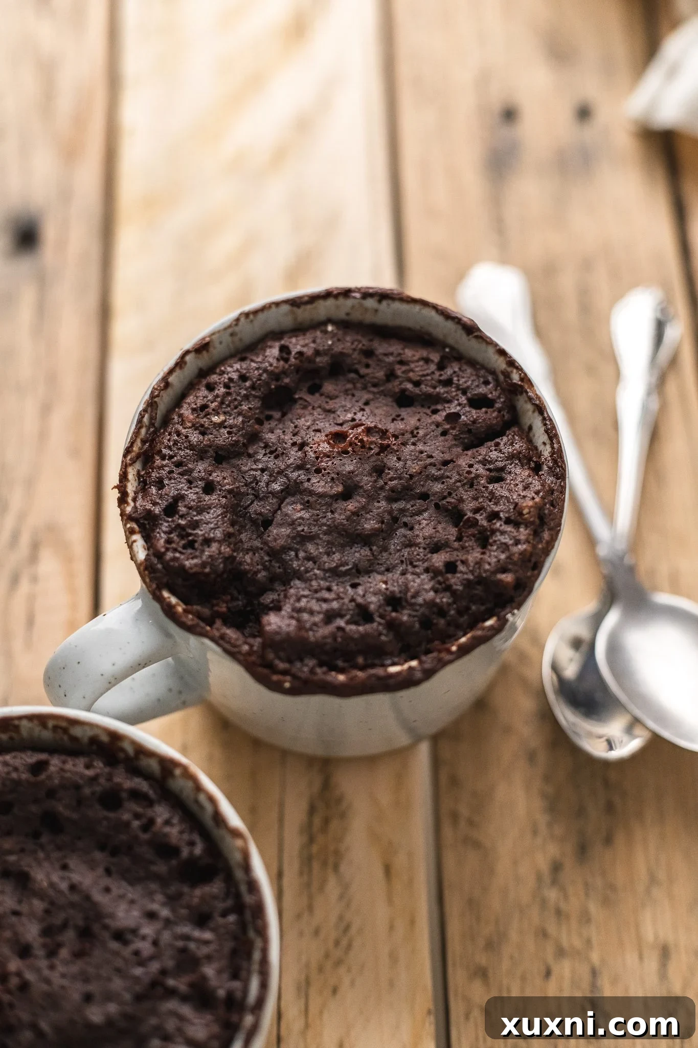 Magical Vegan Chocolate Mug Cake Gluten Free Oil Free Bliss 8 A pair of freshly microwaved vegan chocolate mug cakes, one topped with a scoop of ice cream.