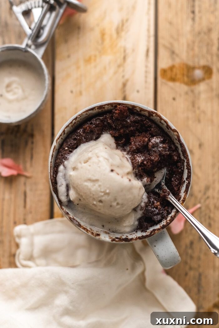 Magical Vegan Chocolate Mug Cake Gluten Free Oil Free Bliss 9 A delicious vegan chocolate mug cake on a wooden table, with a spoon digging into its gooey center.