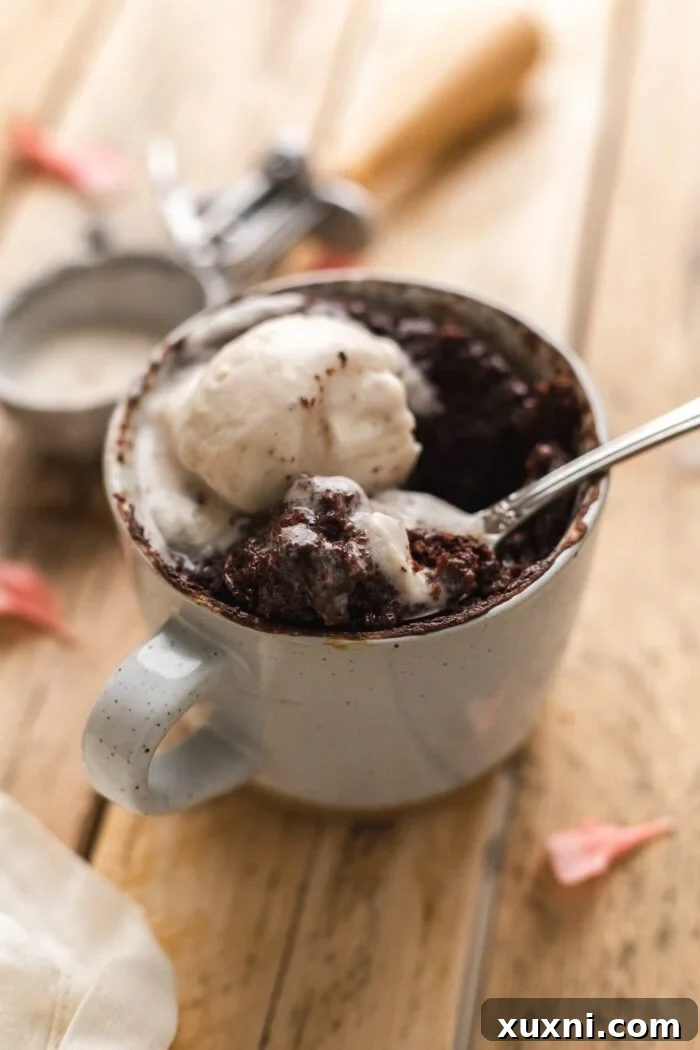 Magical Vegan Chocolate Mug Cake Gluten Free Oil Free Bliss 10 A perfectly portioned vegan chocolate mug cake with a spoon, showing its moist and airy texture.