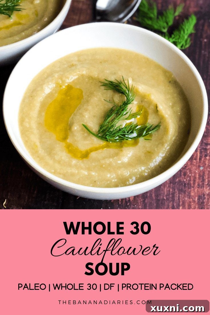 Creamy Vegan Cauliflower Delight 5 A beautifully styled image of creamy Whole30 cauliflower soup in a bowl, surrounded by fresh ingredients. Perfect for healthy eating, meal prep, and satisfying weeknight cravings.