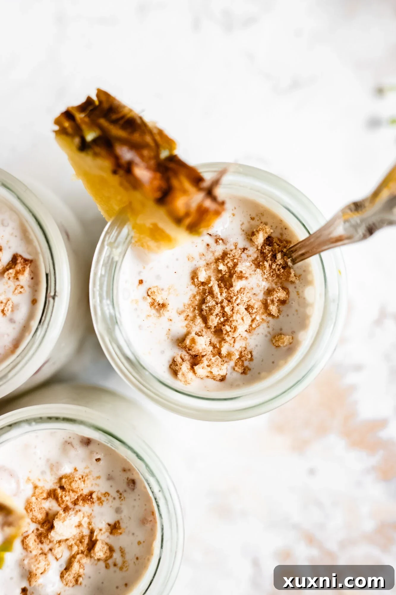 An overhead shot of vegan vanilla pudding elegantly served with a slice of fresh pineapple, showcasing its tropical appeal.