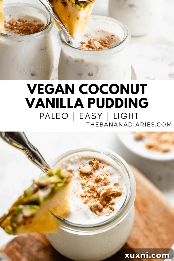 A visually appealing Pinterest graphic for vegan vanilla pudding, encouraging users to save the recipe for later.