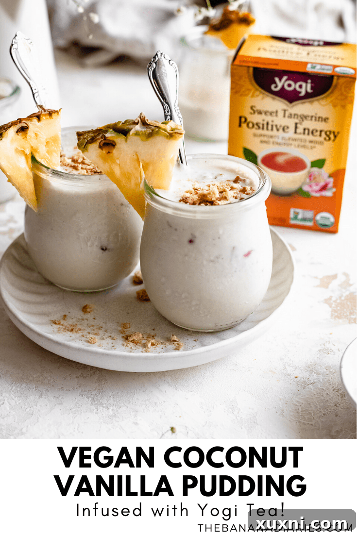 A vibrant Pinterest image promoting the vegan vanilla pudding recipe, designed for sharing and saving.