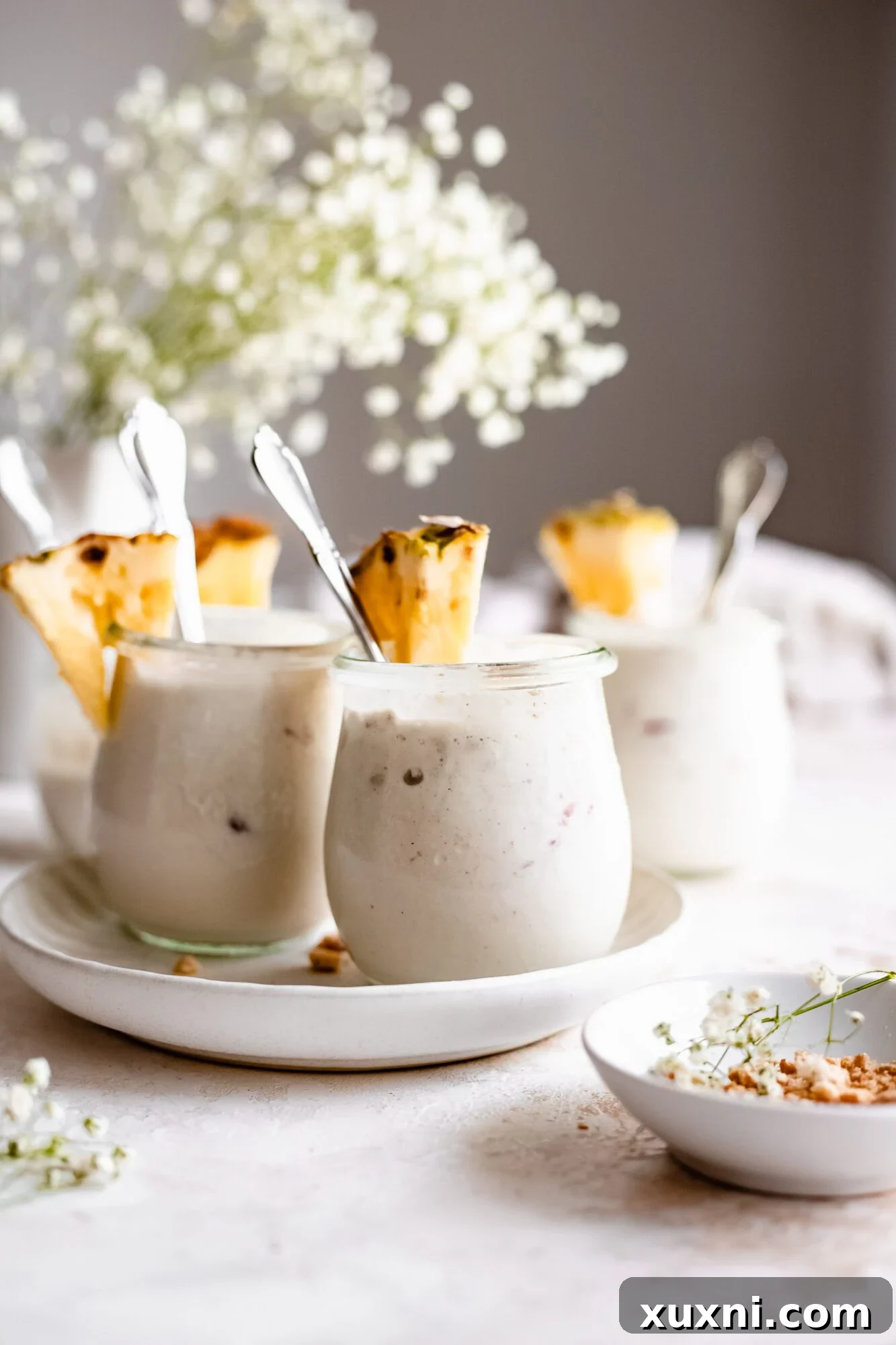 A beautifully presented plate featuring vegan vanilla pudding, adorned with pineapple slices and a sprinkle of wholesome cereal.