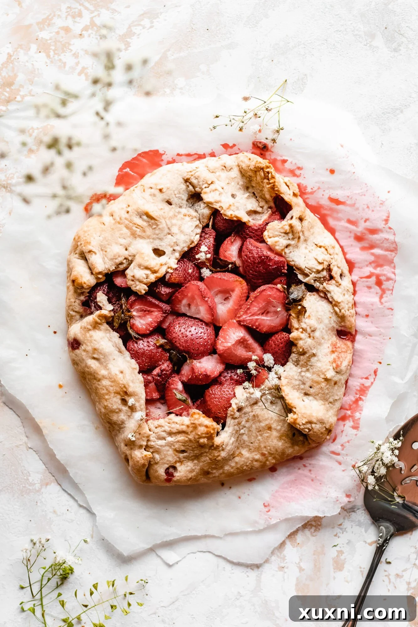 A freshly baked strawberry galette, golden brown and glistening with fruit