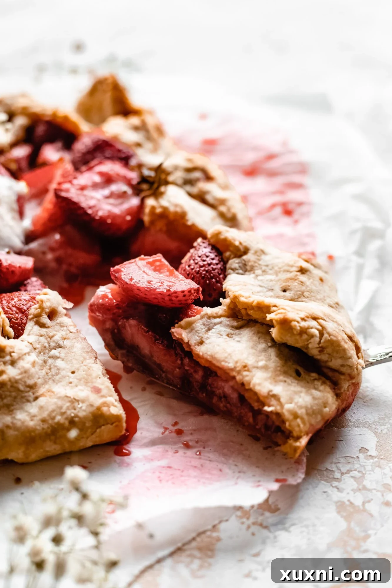 A slice of strawberry galette being gently pulled away from the main dessert, showing its flaky crust and juicy filling