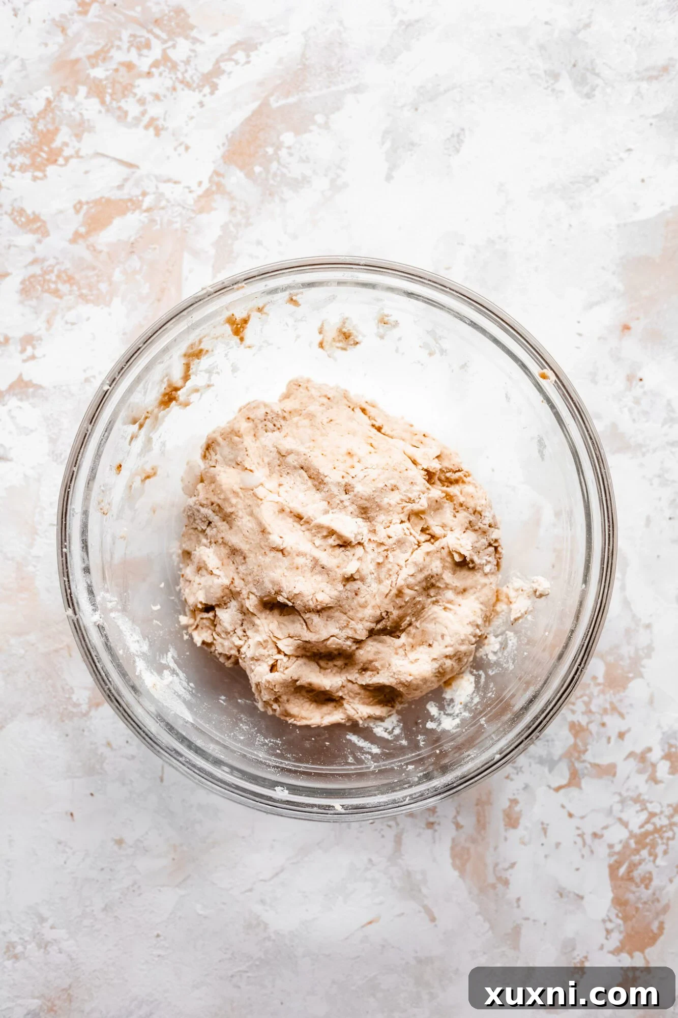 The prepared pie dough formed into a ball and resting in a mixing bowl