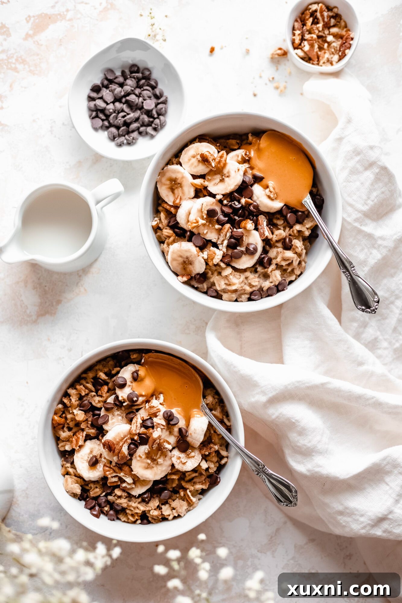 Instant Pot Protein Packed Vegan Zucchini Oatmeal 15 various bowls of vegan zucchini bread oatmeal, ready for serving