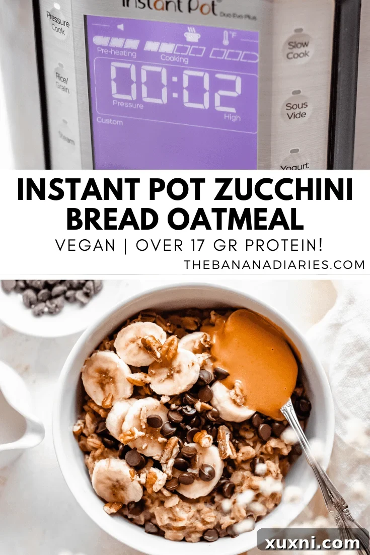 Instant Pot Protein Packed Vegan Zucchini Oatmeal 18 Pinterest optimized image for instant pot zucchini oatmeal, showing a beautifully topped bowl
