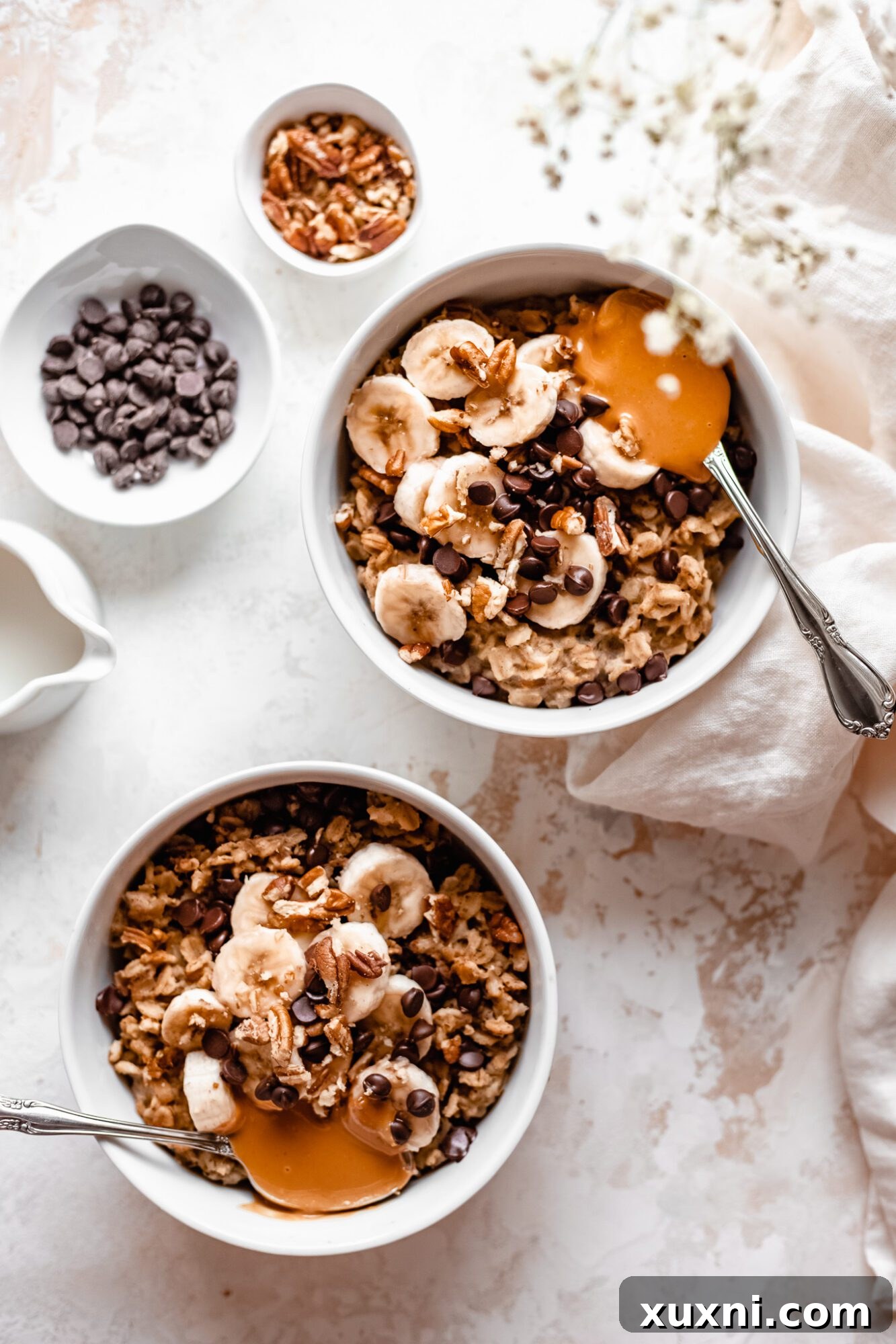 Instant Pot Protein Packed Vegan Zucchini Oatmeal 7 multiple bowls of zucchini bread style oatmeal ready to be served