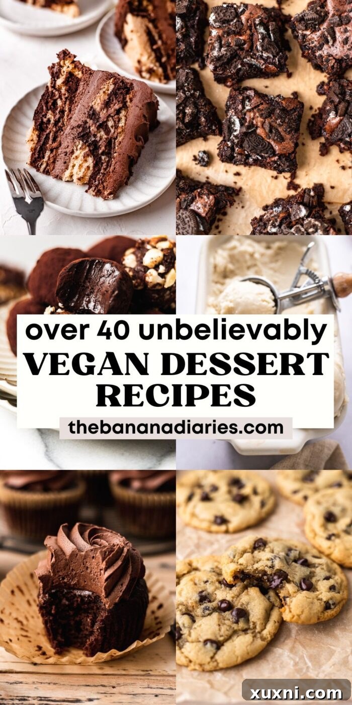 A stunning Pinterest pin showcasing a variety of delicious vegan desserts, including cookies, cakes, and brownies, with text overlay: 'Over 40 Unbelievably Vegan Dessert Recipes (Gluten Free Options!)'