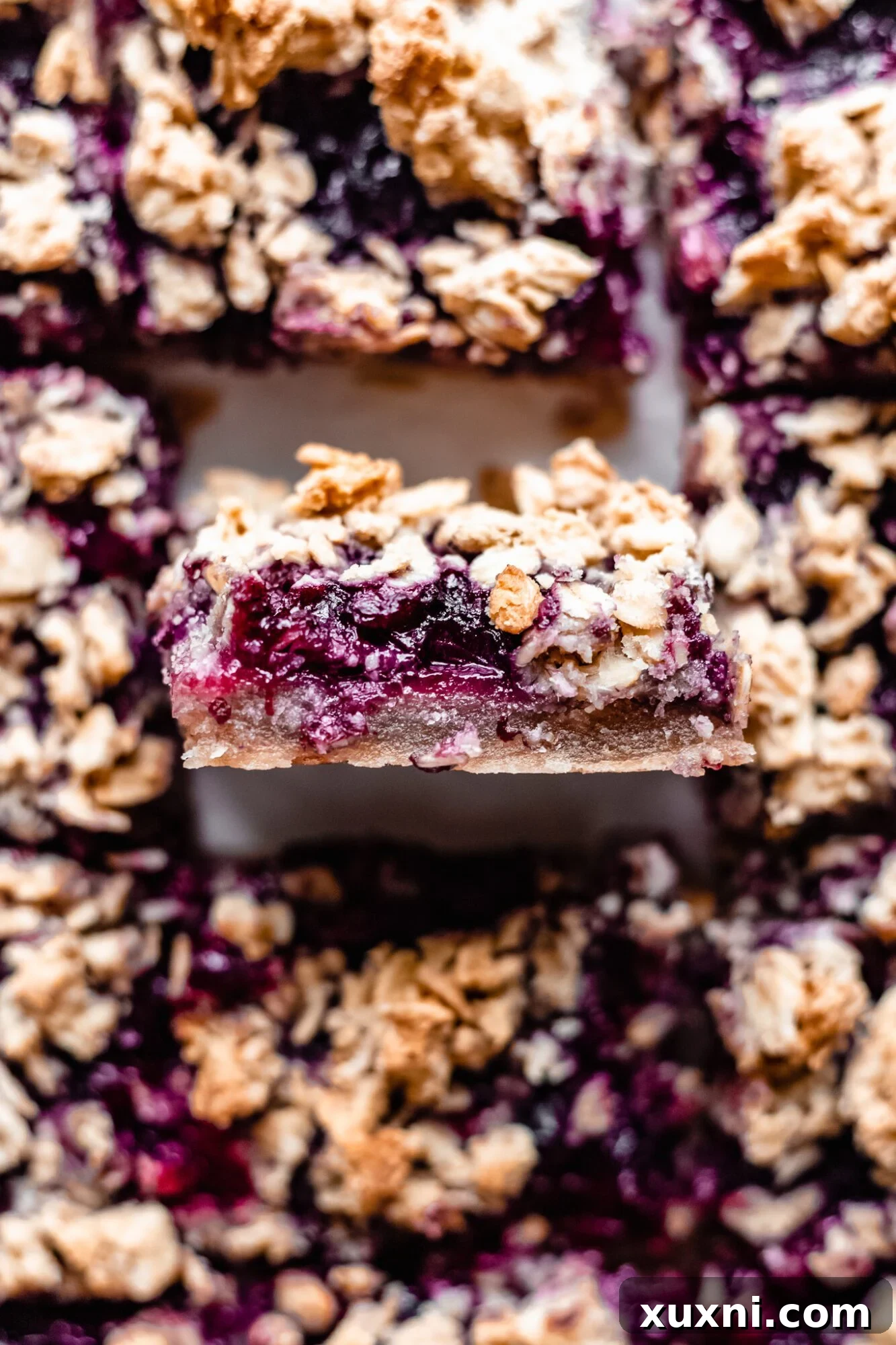 Close-up of a single, perfectly sliced blueberry pie bar, showcasing its moist filling and crumbly topping.