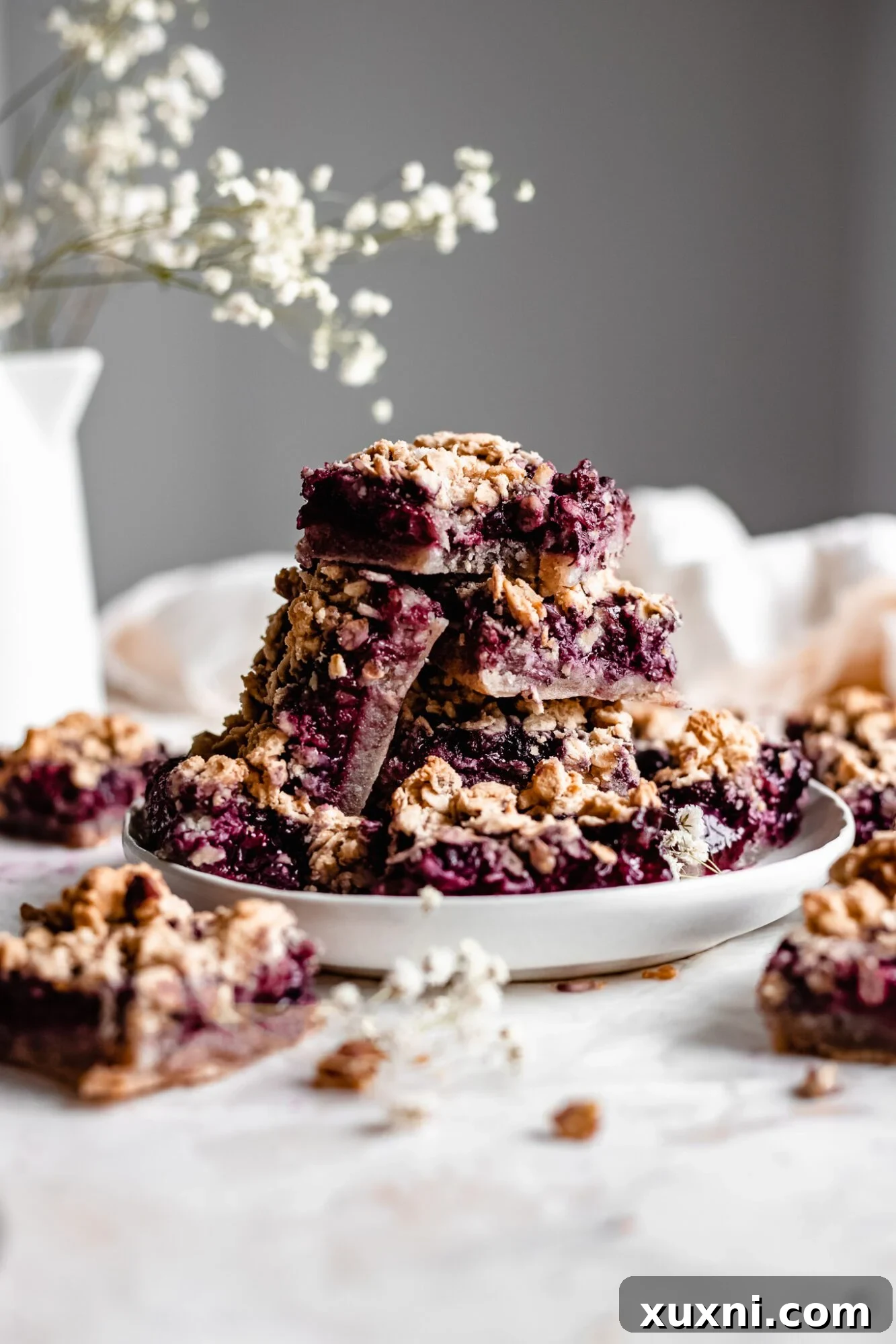 A beautifully arranged stack of vegan blueberry bars, showcasing their inviting golden crust and filling.