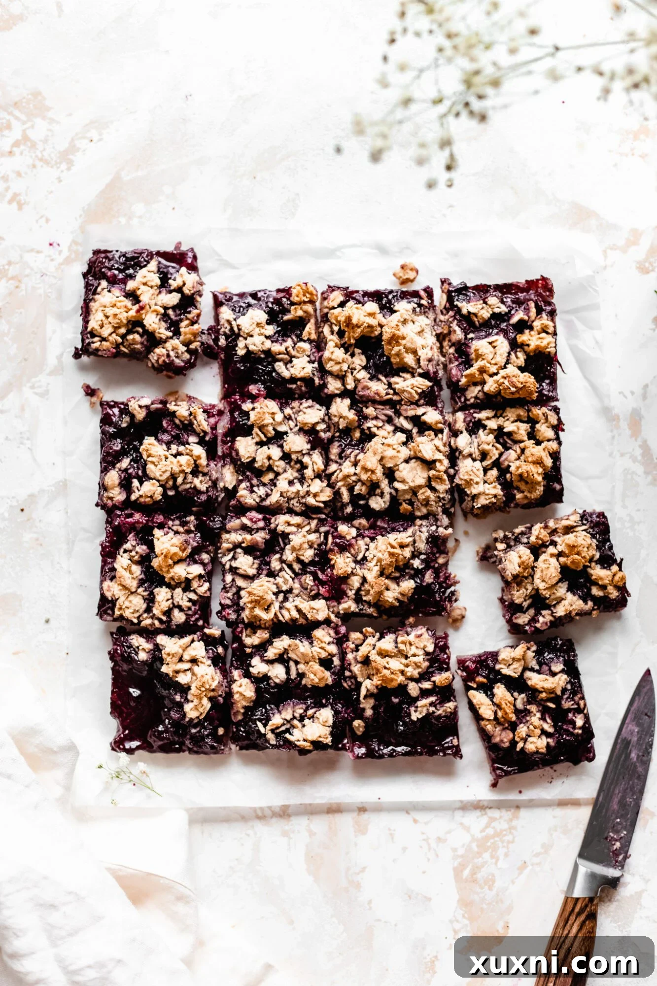 A knife resting beside perfectly sliced healthy blueberry crumble bars, highlighting their neat edges and luscious filling.