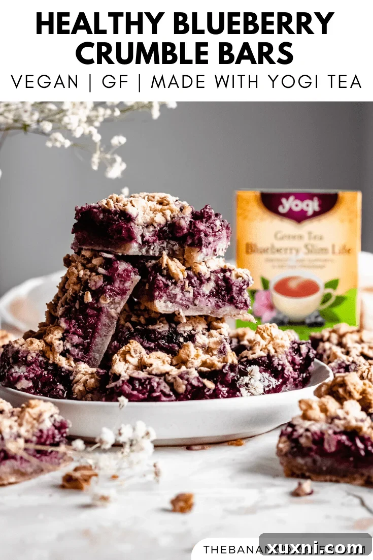 A Pinterest-optimized image featuring healthy blueberry crumble bars, including ingredients and final product.
