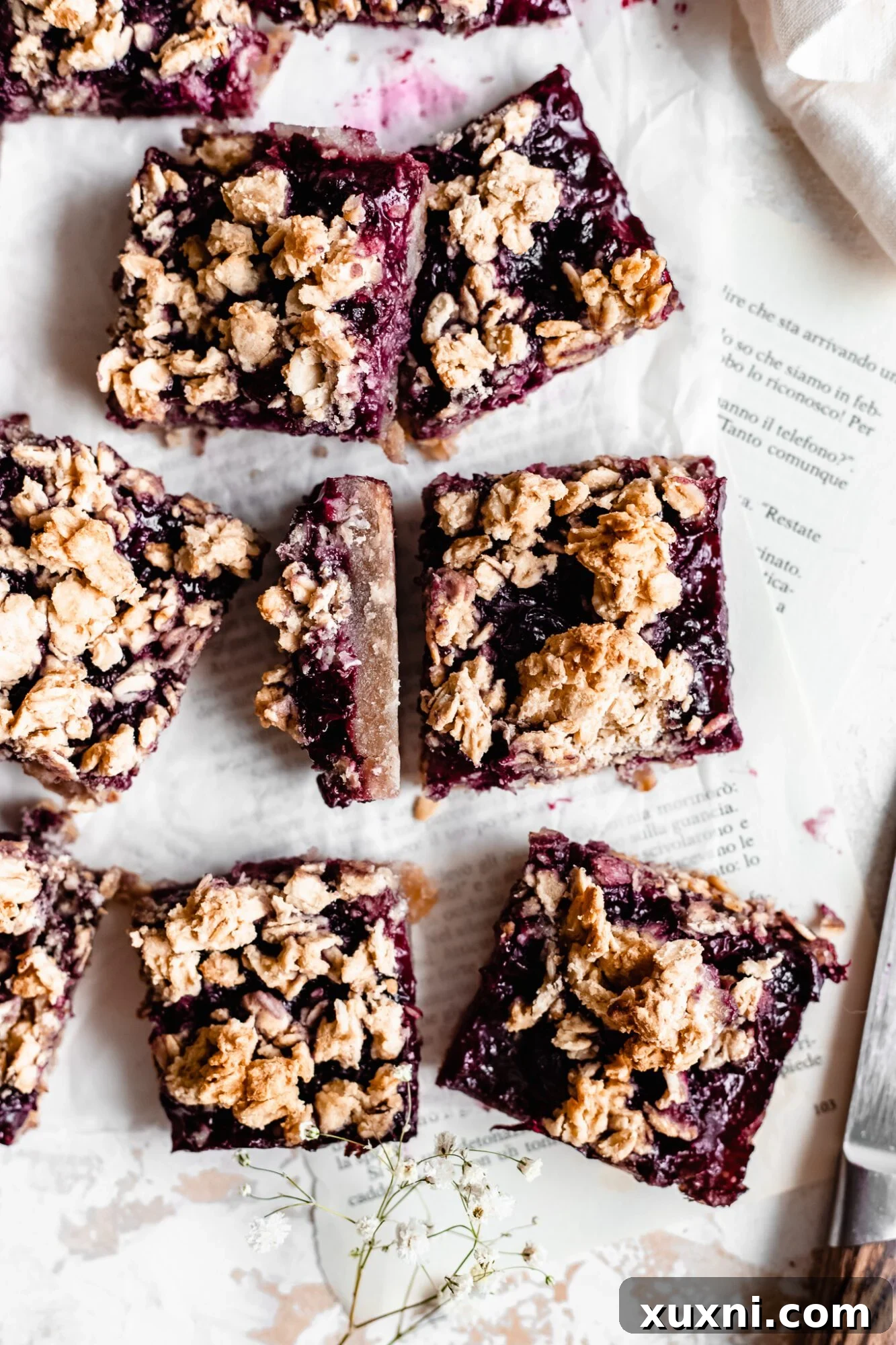 Close-up of neatly sliced healthy blueberry crumble bars, showing the thick blueberry layer and crumbly topping.