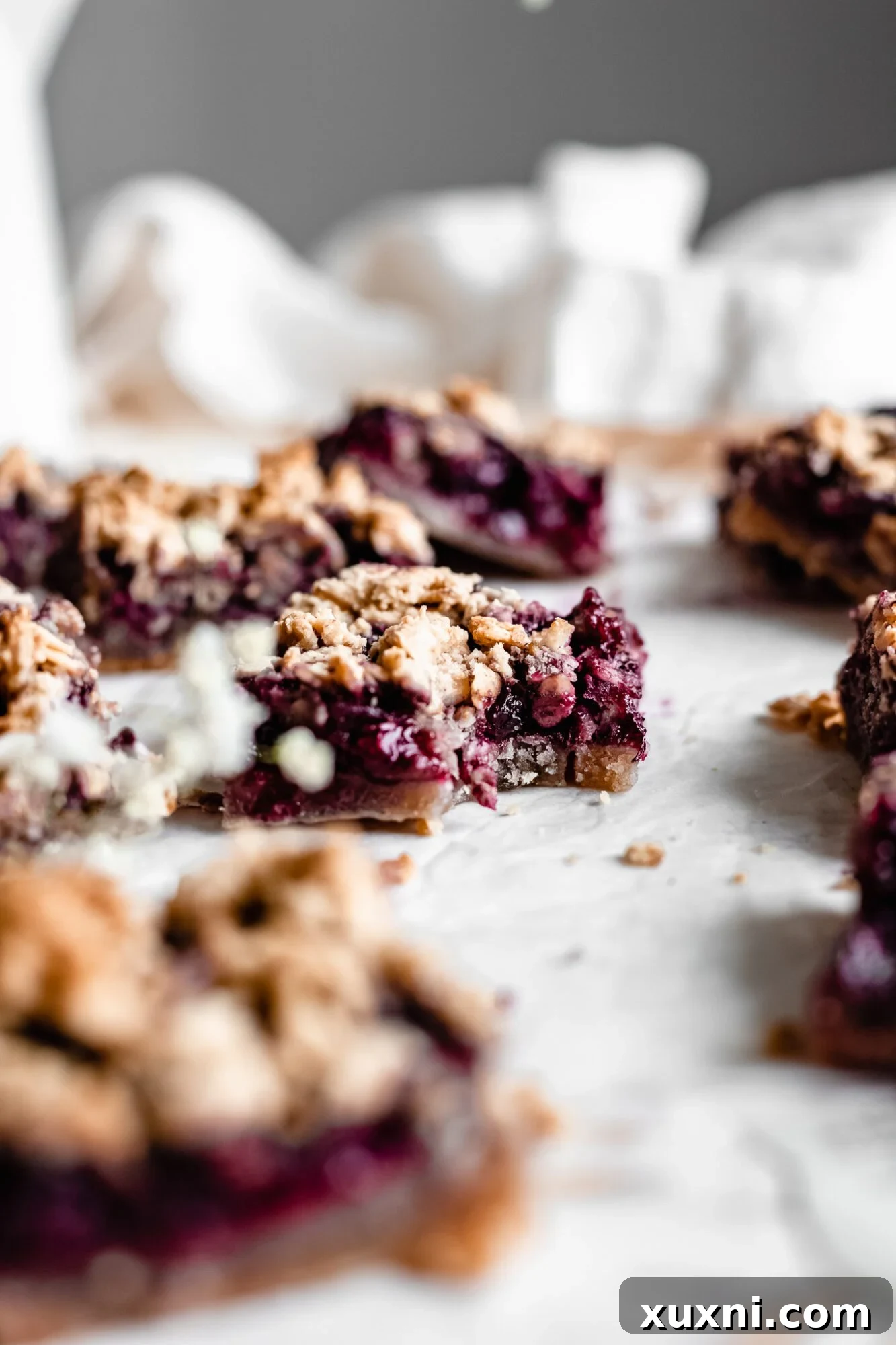 A healthy blueberry pie bar with a bite taken out, revealing the textured crust and sweet filling.