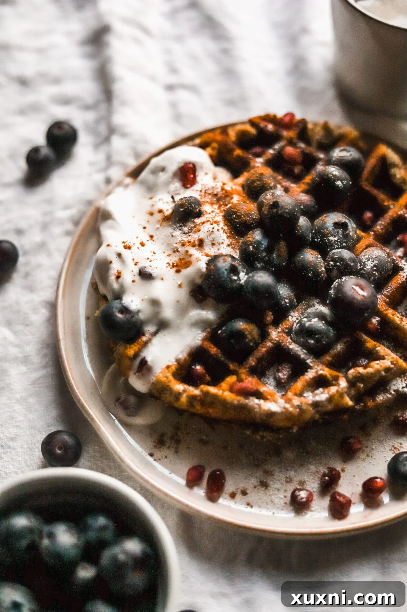 up close shot of sweet potato waffles