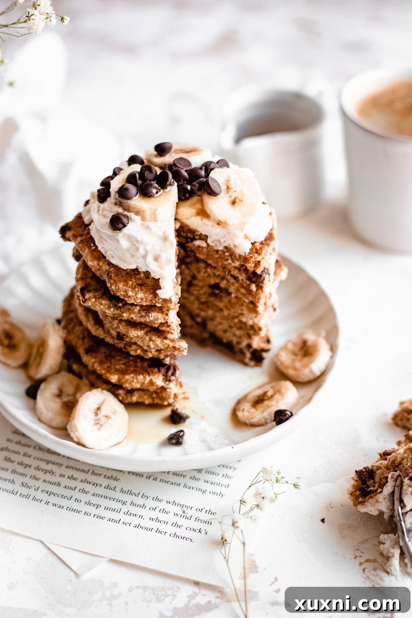 sliced vegan chocolate chip pancakes