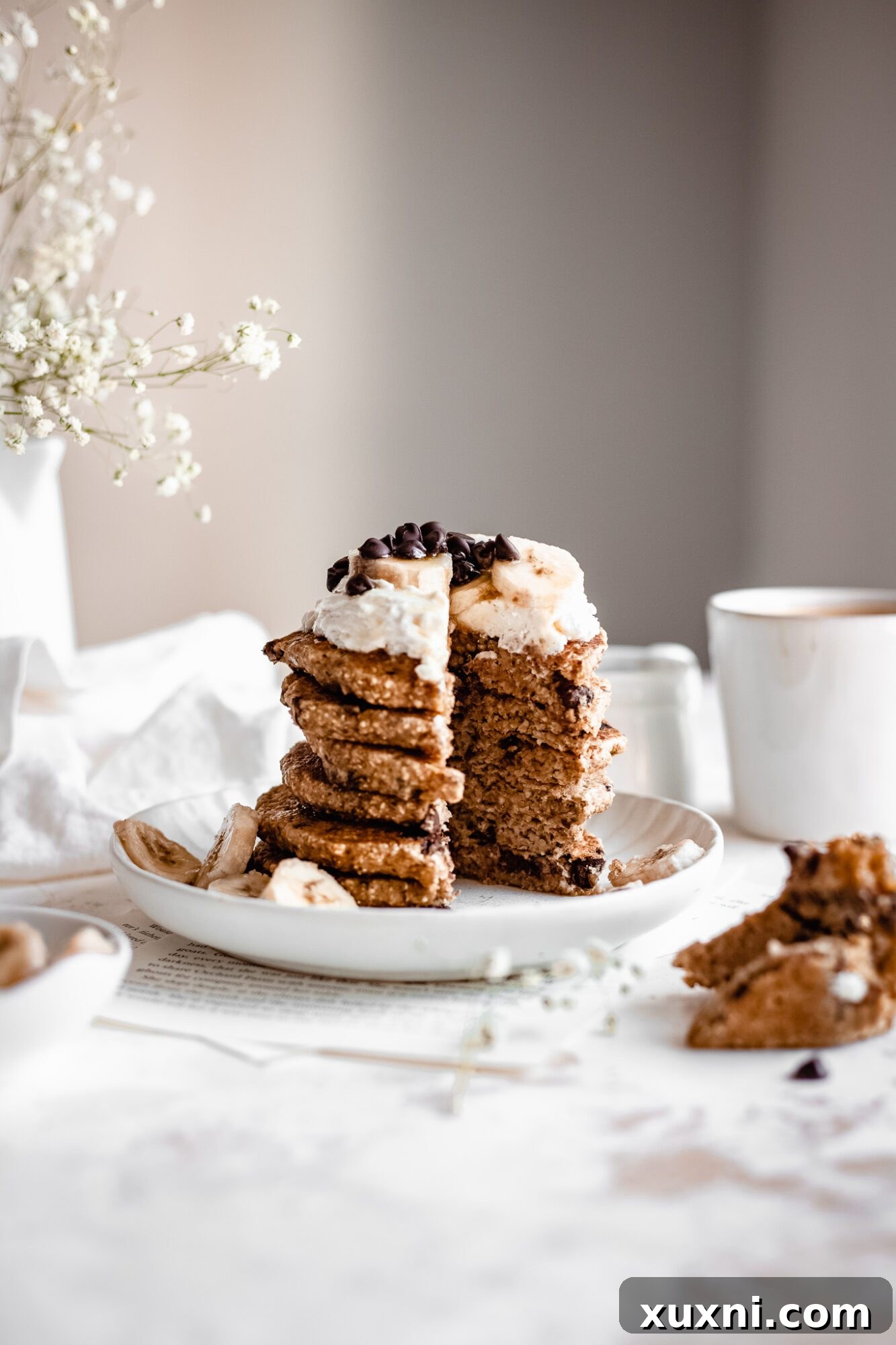 sliced vegan chocolate chip pancakes