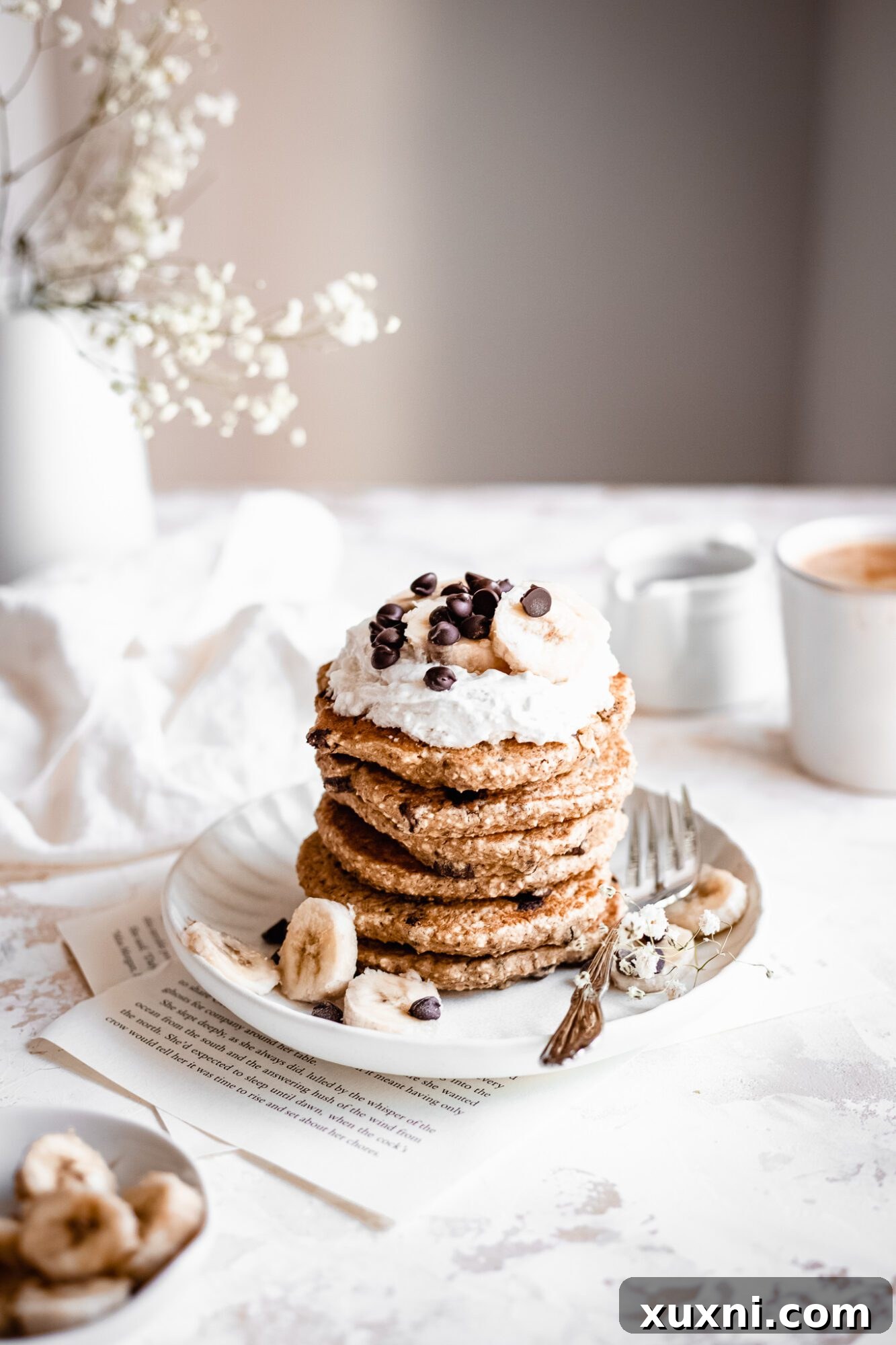 plate of vegan chocolate chip pancakes