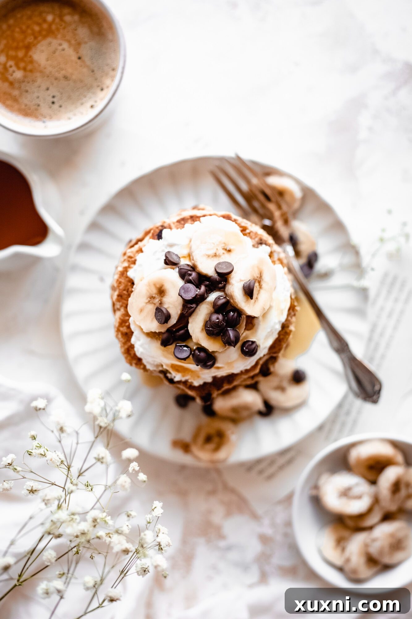 overhead of vegan chocolate chip pancakes
