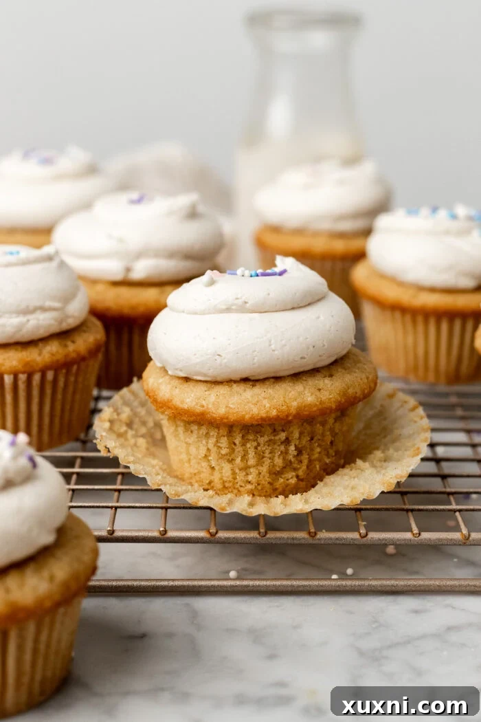 Freshly baked vegan vanilla cupcakes on a wire cooling rack, ready for frosting