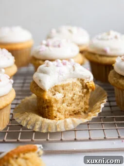 A delicious bitten vegan vanilla cupcake with creamy frosting