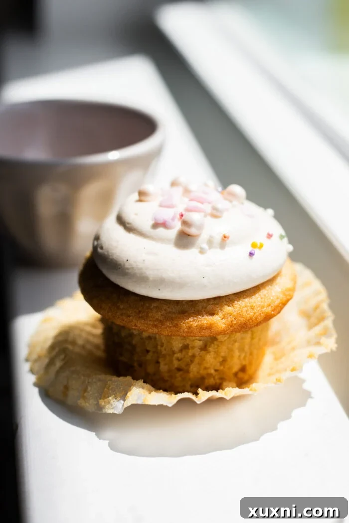 A beautifully piped vegan vanilla cupcake, topped with sprinkles