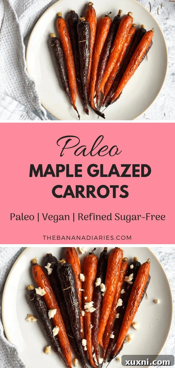 Maple Balsamic Glazed Carrots | These paleo vegan glazed carrots are roasted in a maple syrup-balsamic dressing and are the perfect side dish to any fall or holiday meal! | The Banana Diaries #thebananadiaries #paleo #vegan #refinedsugarfree #glutenfree #carrots #glazedcarrots #healthysides