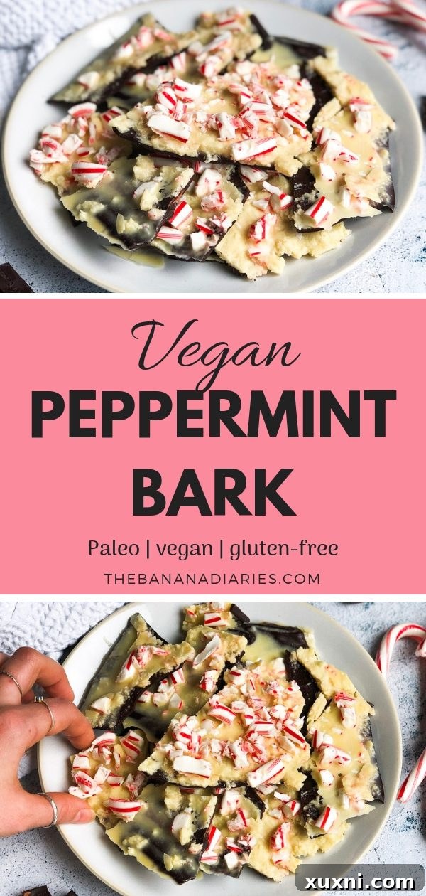 Vegan Paleo Peppermint Bark | A healthy vegan and paleo peppermint bark made with homemade vegan white chocolate and dark chocolate! The easiest holiday treat everyone will love! | The Banana Diaries #thebananadiaries #vegan #peppermintbark #veganpeppermintbark #paleo #veganwhitechocolate