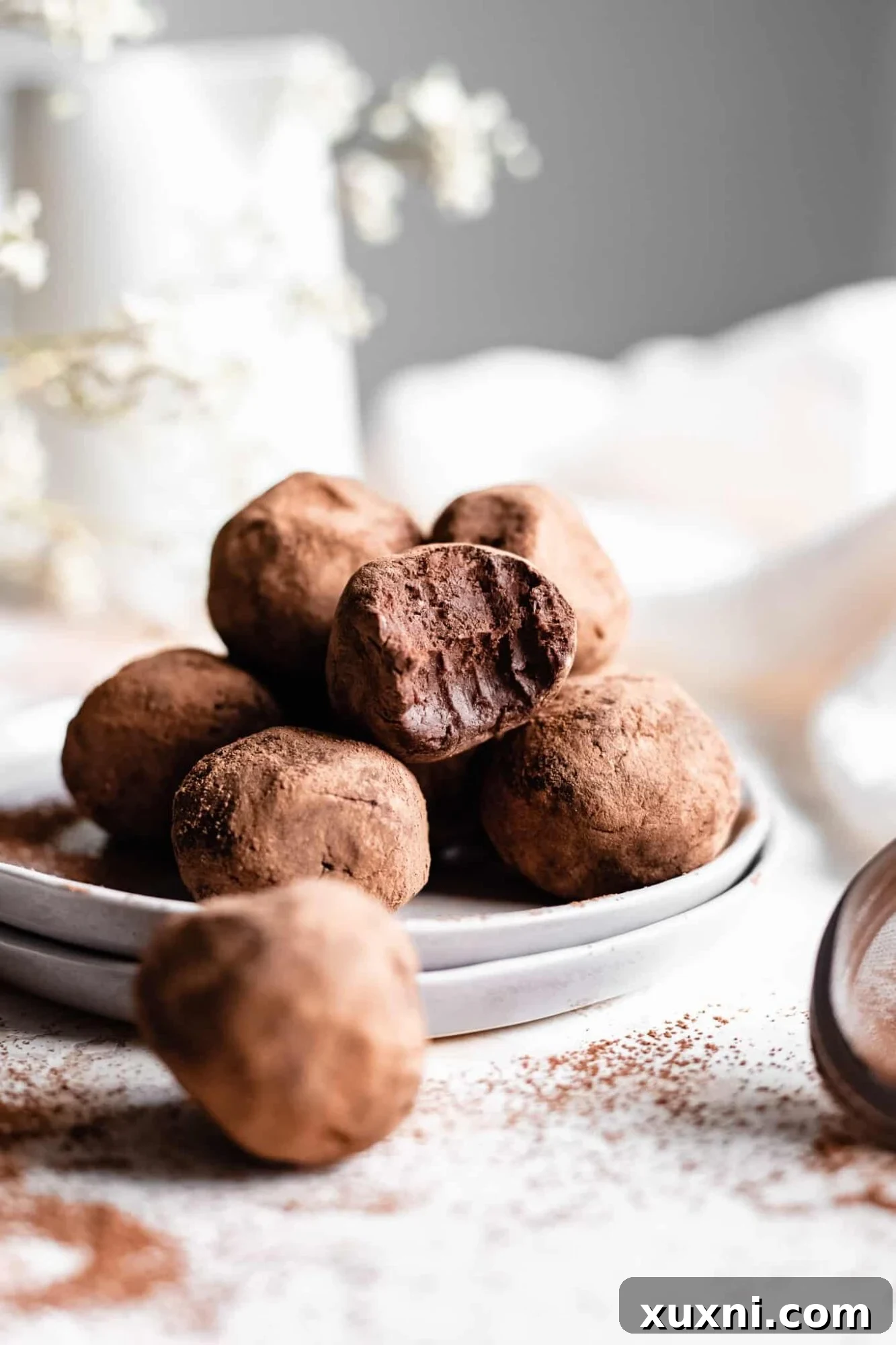 chocolate truffles with bite taken on grey plate