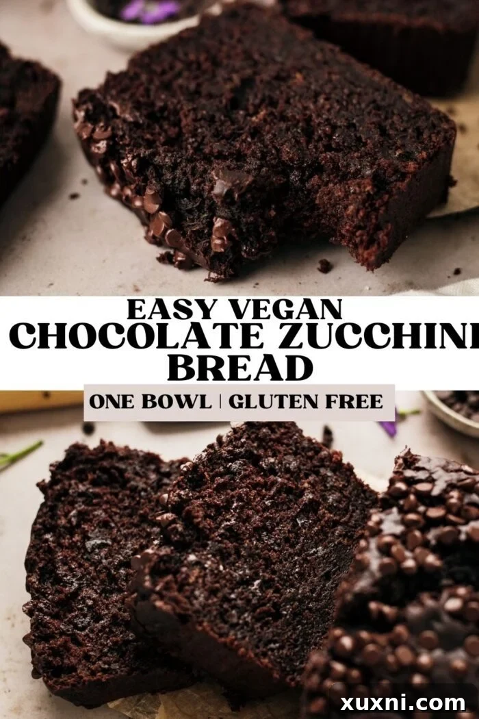 Pinterest pin for healthy vegan chocolate zucchini bread, featuring a delicious image of the bread.