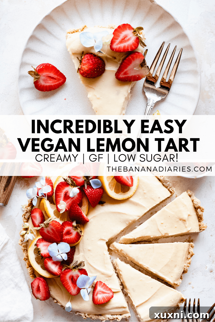Pinterest graphic for Easy Gluten-Free Vegan Lemon Tart, showing a beautifully styled tart with text overlay.