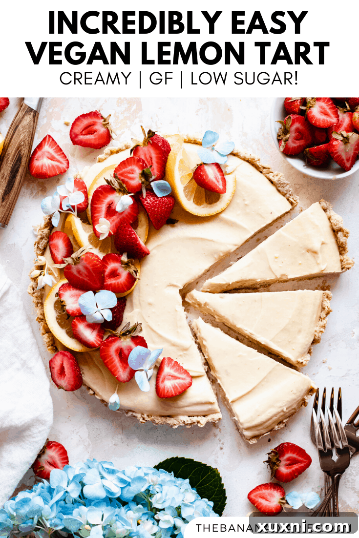 Another Pinterest pin graphic showcasing the deliciousness of the easy gluten-free vegan lemon tart.