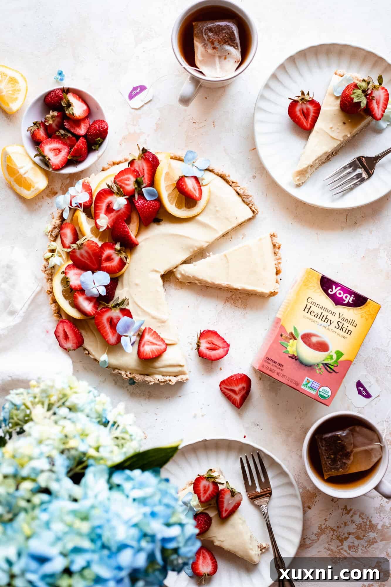 Multiple slices of vegan lemon tart arranged on plates, highlighting the refreshing nature of the dessert.