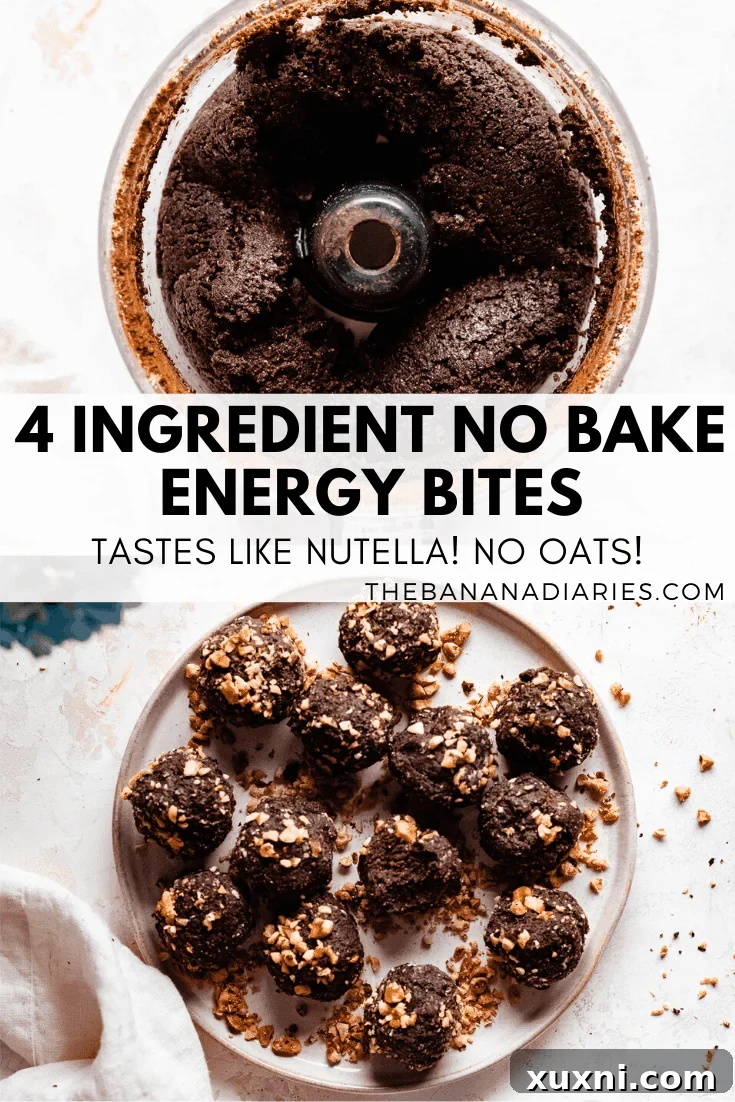Pinterest optimized image for Chocolate Hazelnut No-Bake Energy Bites, highlighting its ease and deliciousness.