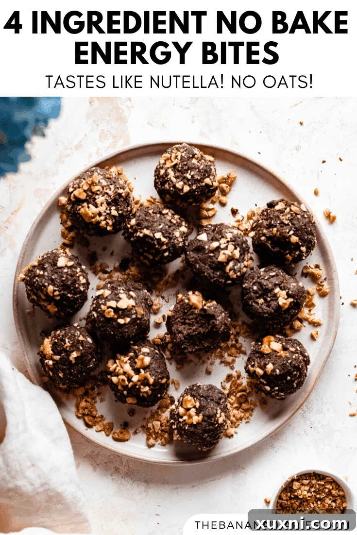 Another Pinterest optimized image featuring an overhead shot of the chocolate hazelnut energy bites.