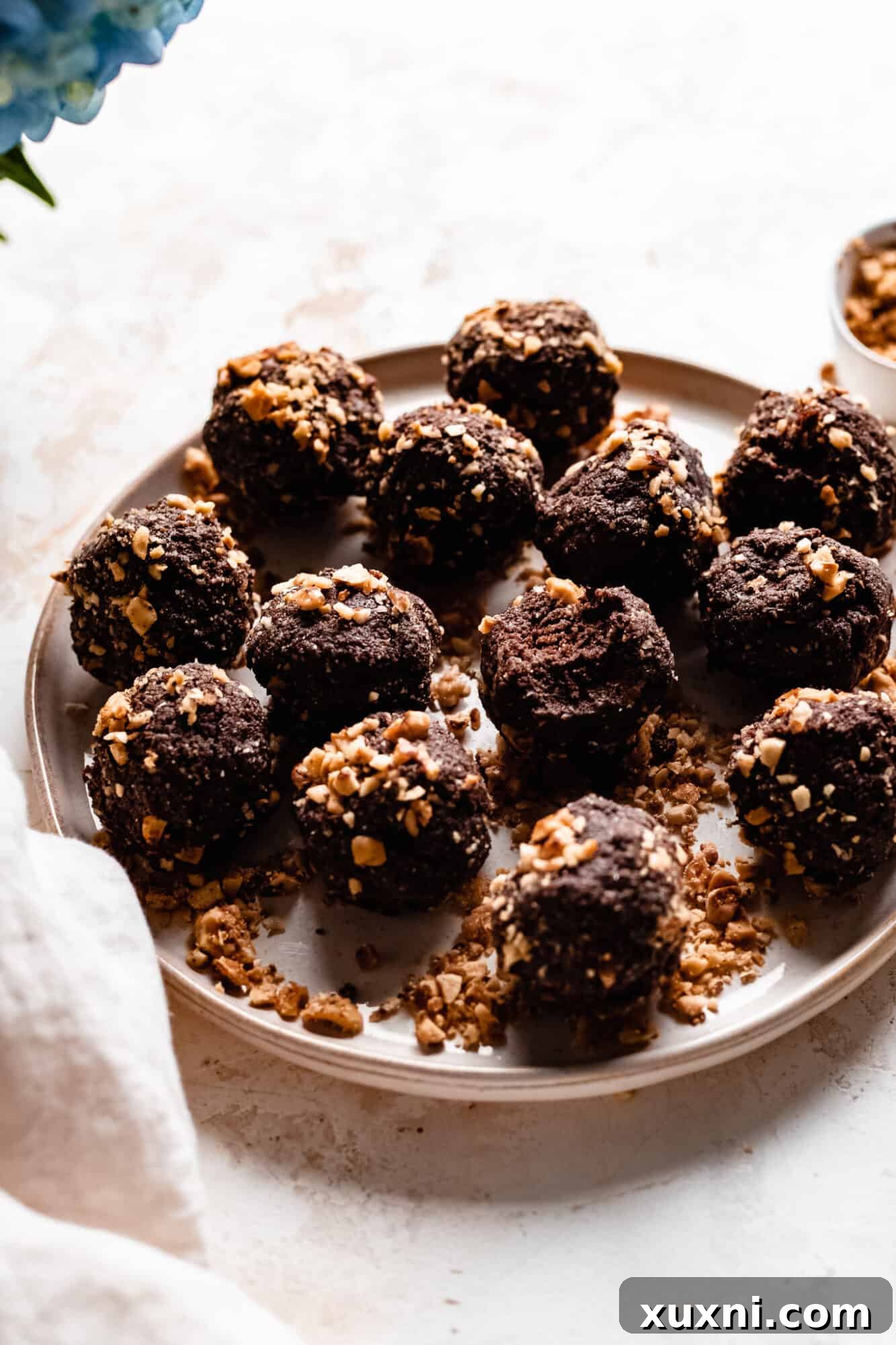 A single chocolate hazelnut energy ball on a plate, with a small bite taken, revealing its rich, dense texture.