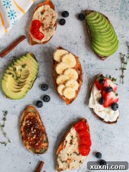 Easy gluten free sweet potato toast with 5 different vegan toppings that are perfect for breakfast or a snack! Perfect for a Whole30, paleo, vegan, gluten free, or anything diet!