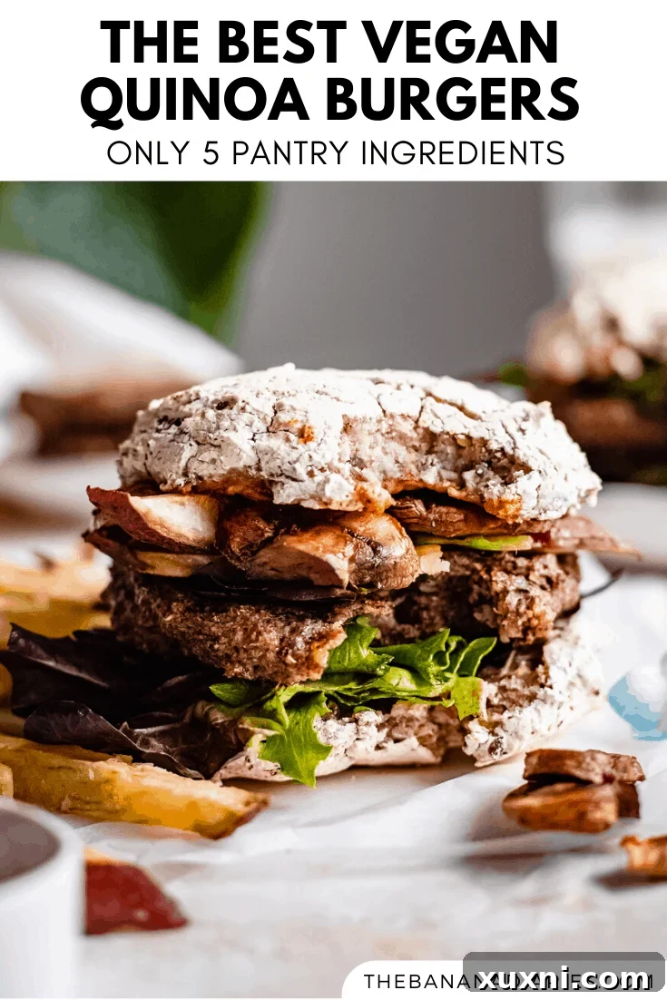 A second Pinterest-optimized image for the vegan quinoa burger recipe, encouraging saving and sharing.
